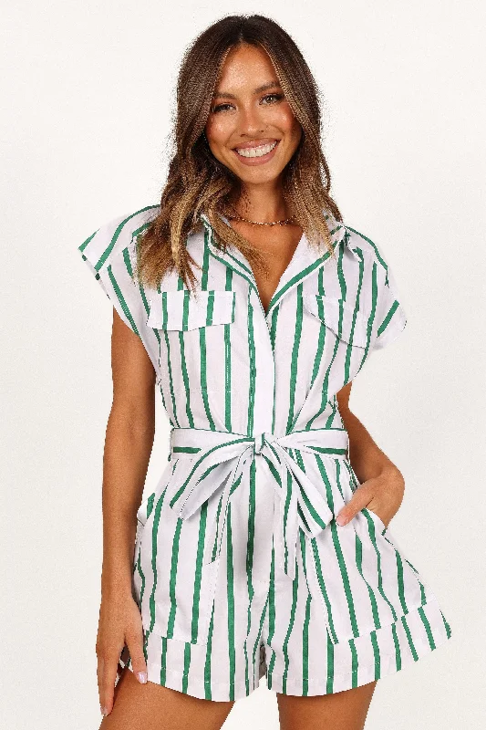 Addie Tie Waist Playsuit - White/Green