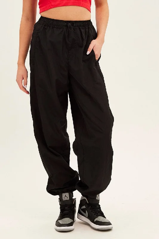 Black Parachute Cargo Pants Mid Rise