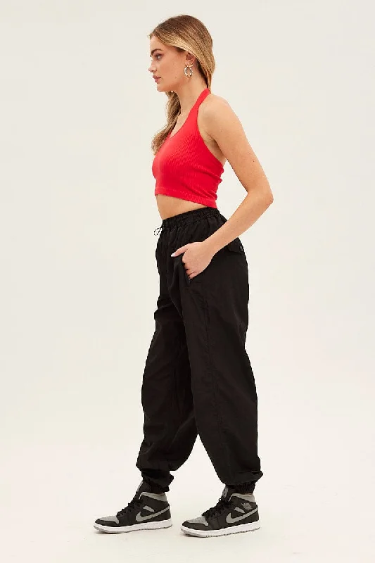 Black Parachute Cargo Pants Mid Rise