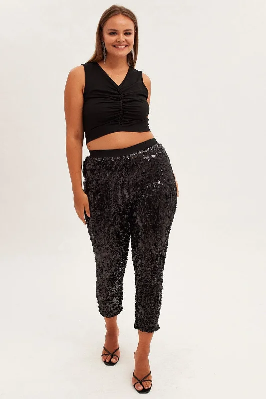 Black Sequin Leggings Pull On Stretch