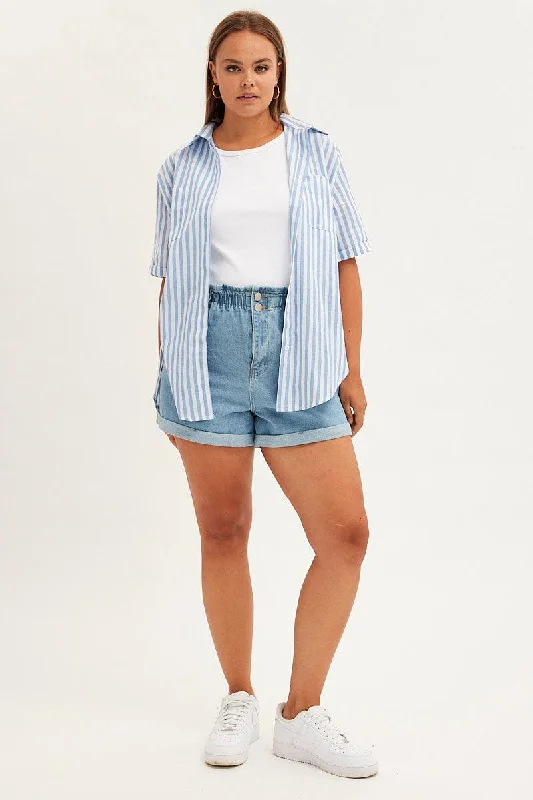 Blue Stripe Relaxed Shirt Short Sleeve Button Up