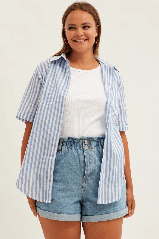 Blue Stripe Relaxed Shirt Short Sleeve Button Up