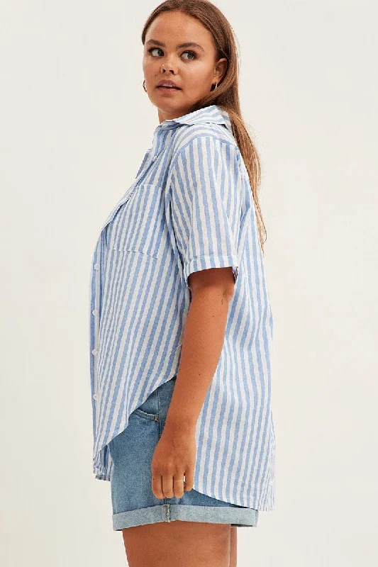 Blue Stripe Relaxed Shirt Short Sleeve Button Up