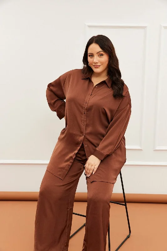 Brown Oversized Shirt Satin Long Sleeve