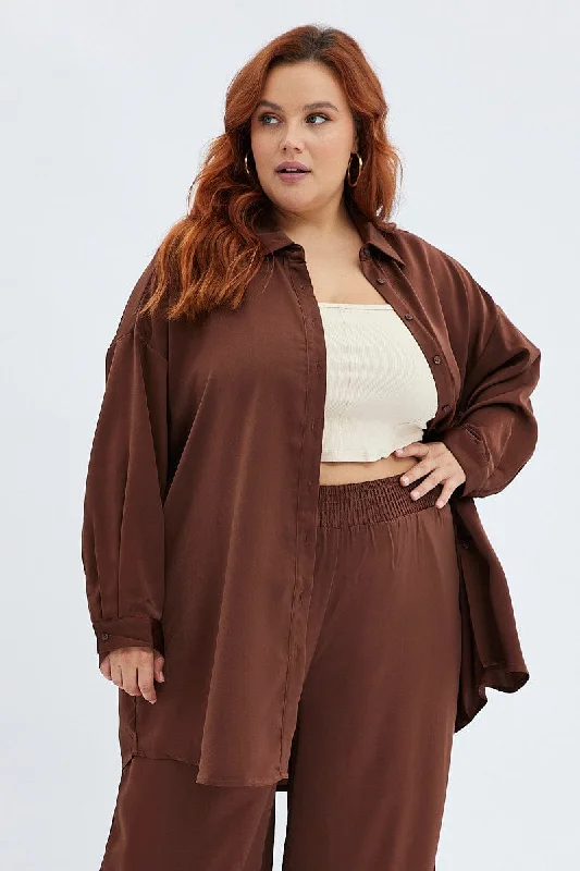 Brown Oversized Shirt Satin Long Sleeve