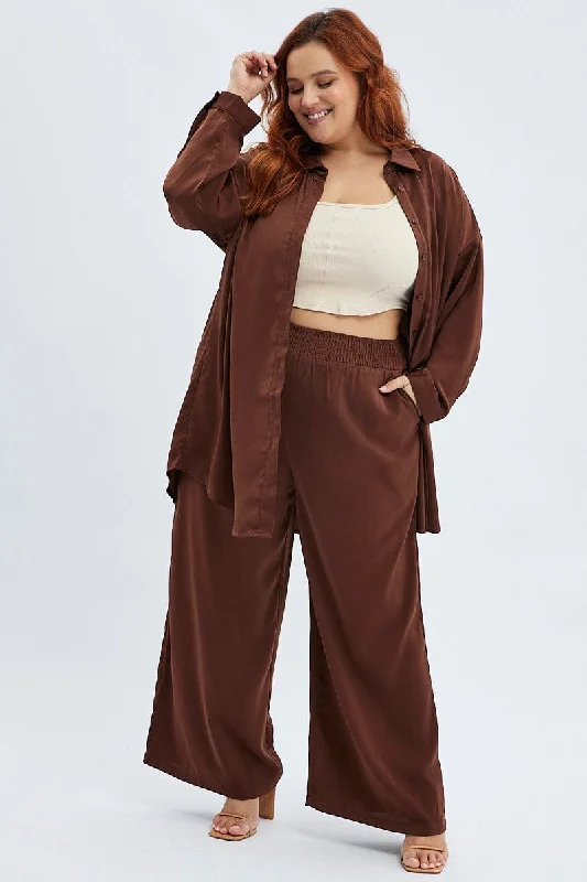 Brown Oversized Shirt Satin Long Sleeve