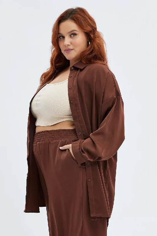 Brown Oversized Shirt Satin Long Sleeve