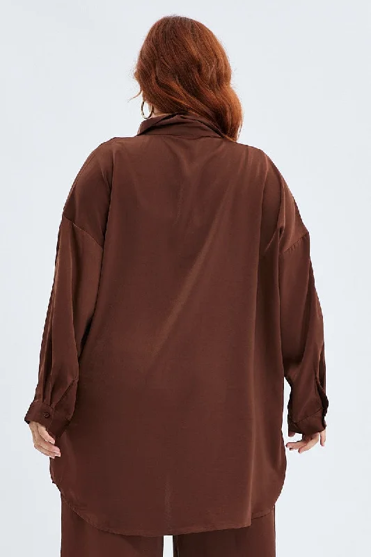 Brown Oversized Shirt Satin Long Sleeve