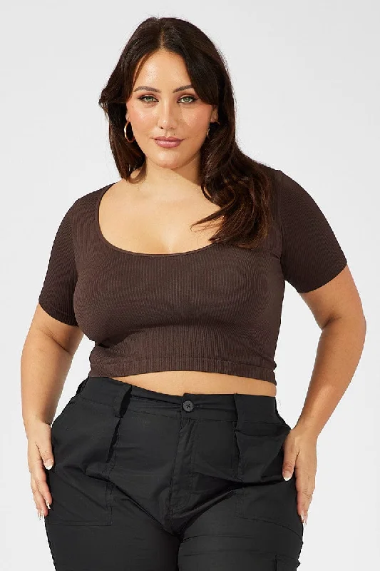 Brown T-shirt Short Sleeve Scoop Neck Seamless