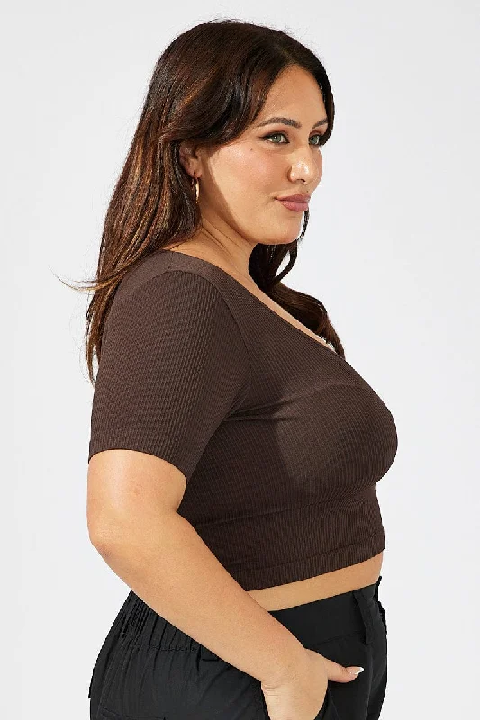 Brown T-shirt Short Sleeve Scoop Neck Seamless