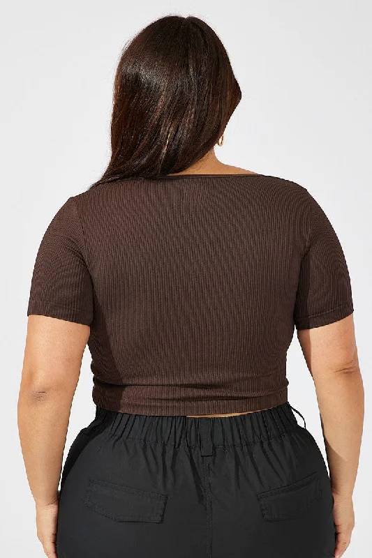 Brown T-shirt Short Sleeve Scoop Neck Seamless