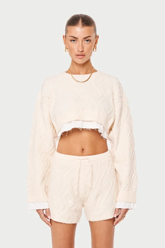 CABLE KNITTED CROPPED SWEATER - OFF WHITE