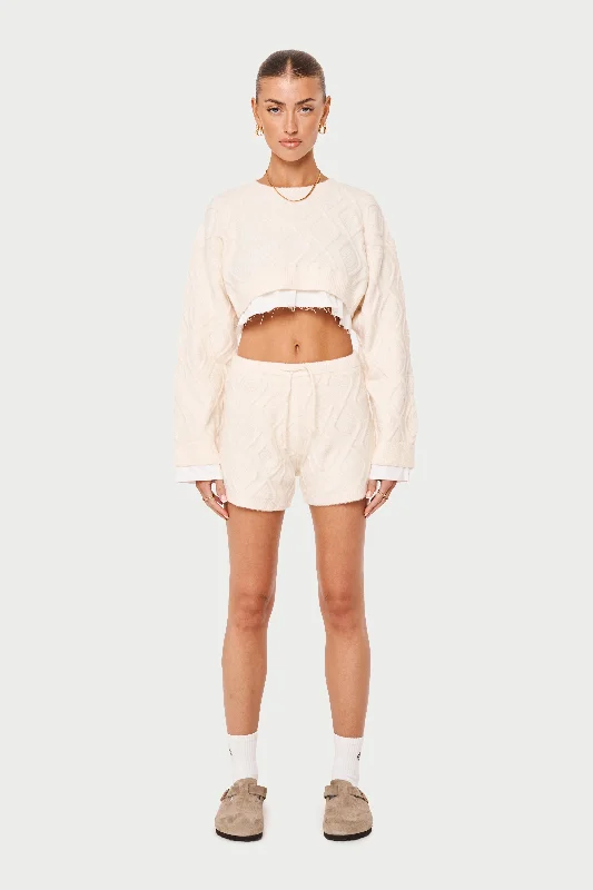 CABLE KNITTED CROPPED SWEATER - OFF WHITE