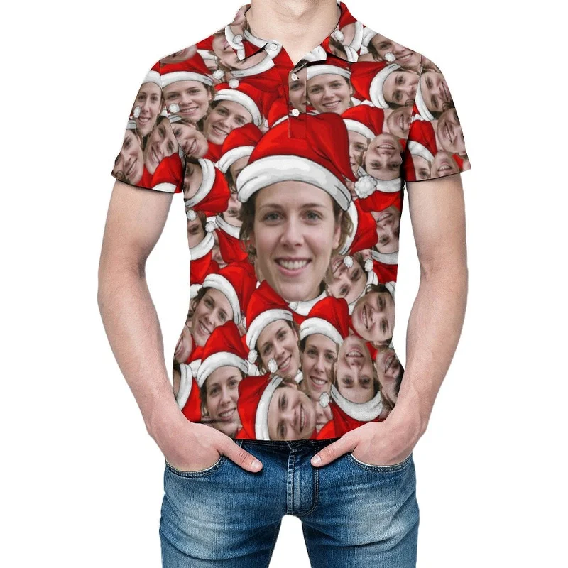 Custom Face Chriatmas Red Hat Couple Matching Polo Shirt