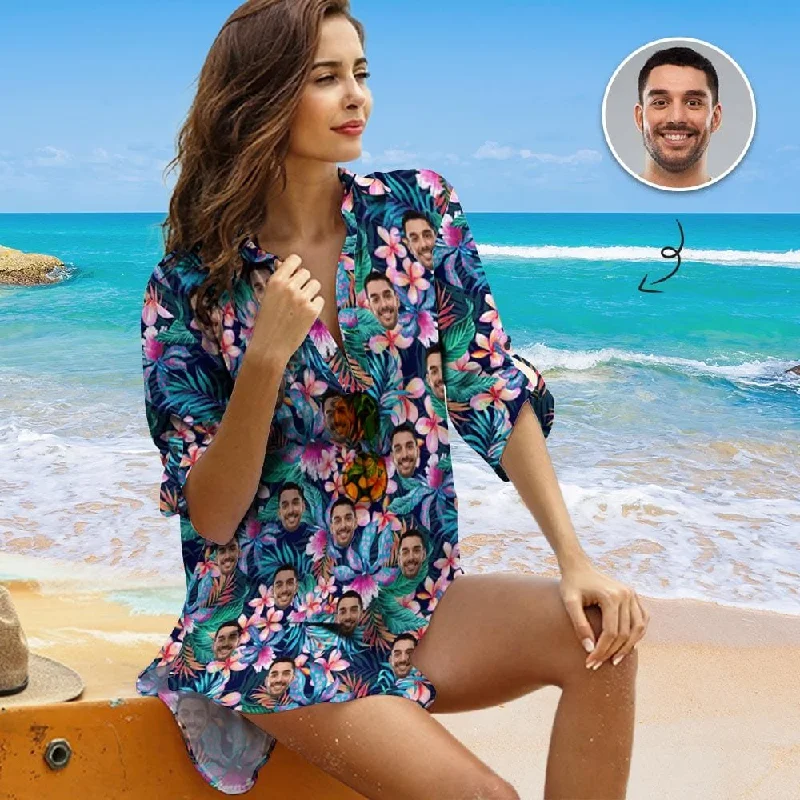 Custom Face Colorful Leaf Pink Flower Chiffon Shirt Dress Cover Up Thin Personalized Womens V-Neck Bikini Beach Tunic Top