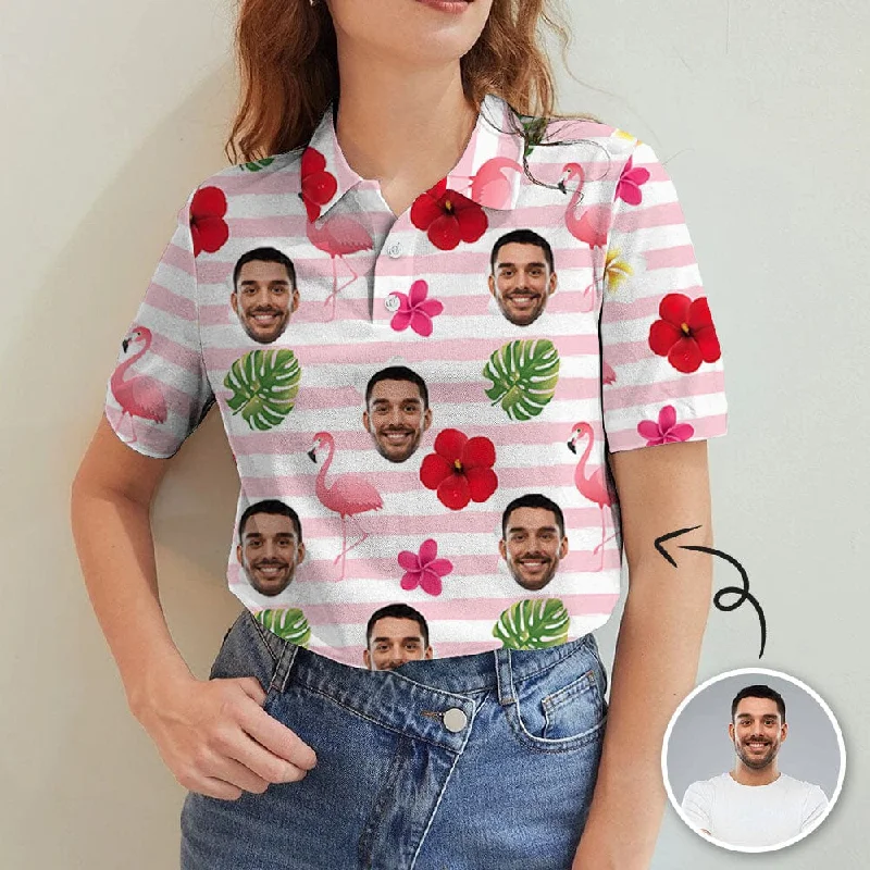 Custom Face Flamingo Red Flowers Women's Polo Shirt