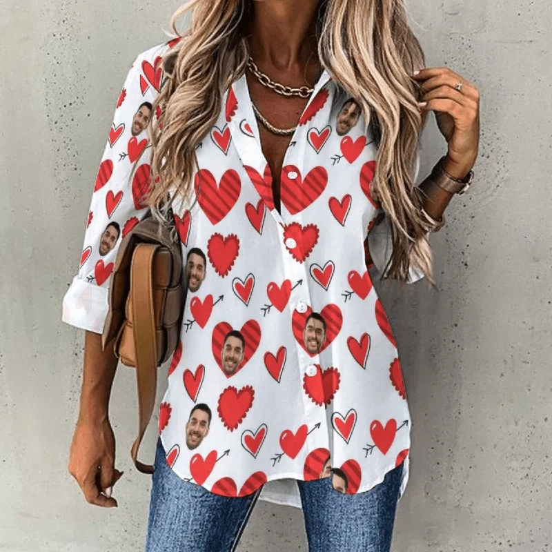 Custom Face Hawaiian Shirts Love Heart White Cropped Hem Casual Long Sleeve Shirts For Women