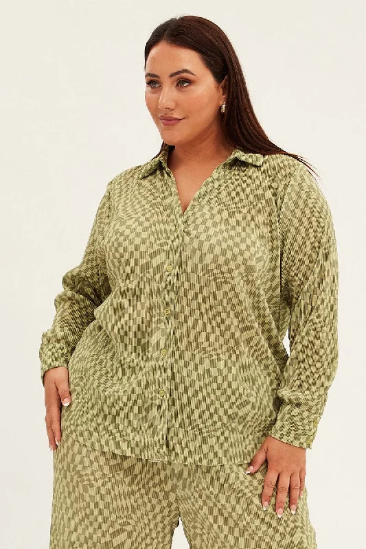 Green Check Relaxed Shirt Long Sleeve Plisse