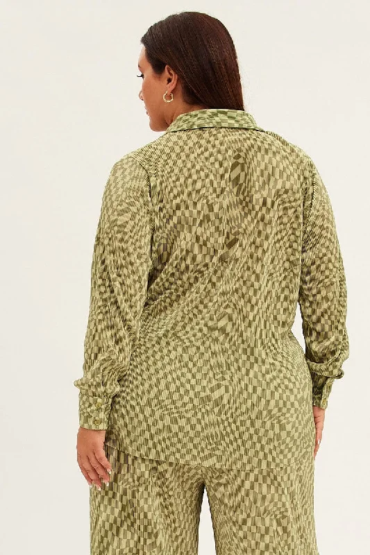 Green Check Relaxed Shirt Long Sleeve Plisse