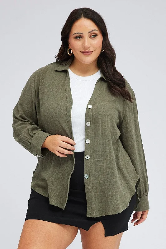 Green Relaxed Shirt Long Sleeve V-neck