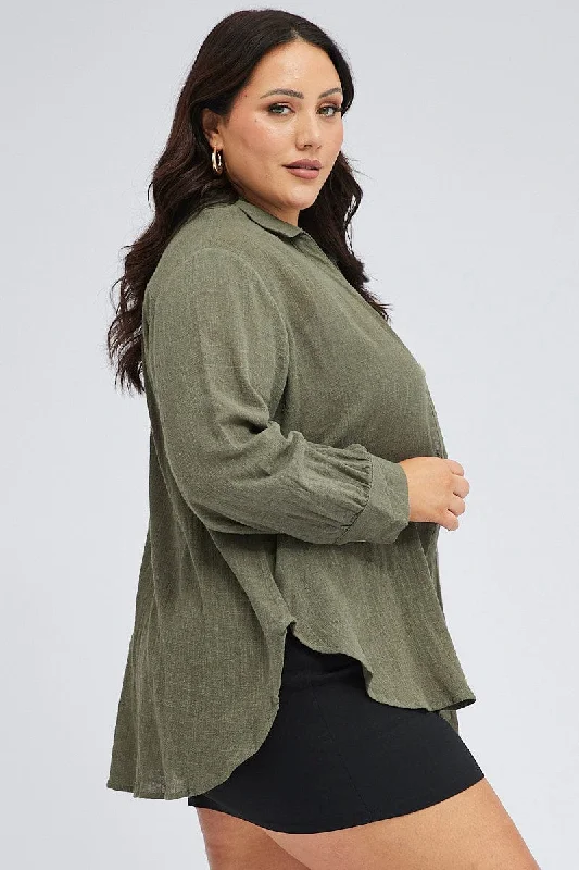 Green Relaxed Shirt Long Sleeve V-neck