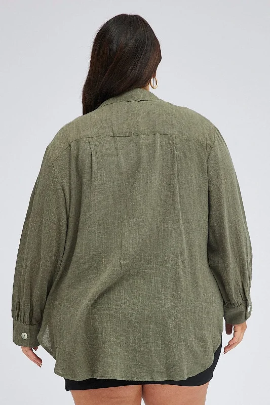 Green Relaxed Shirt Long Sleeve V-neck