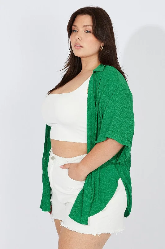 Green Relaxed Shirt Short Sleeve Textured