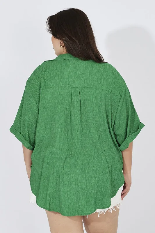 Green Relaxed Shirt Short Sleeve Textured