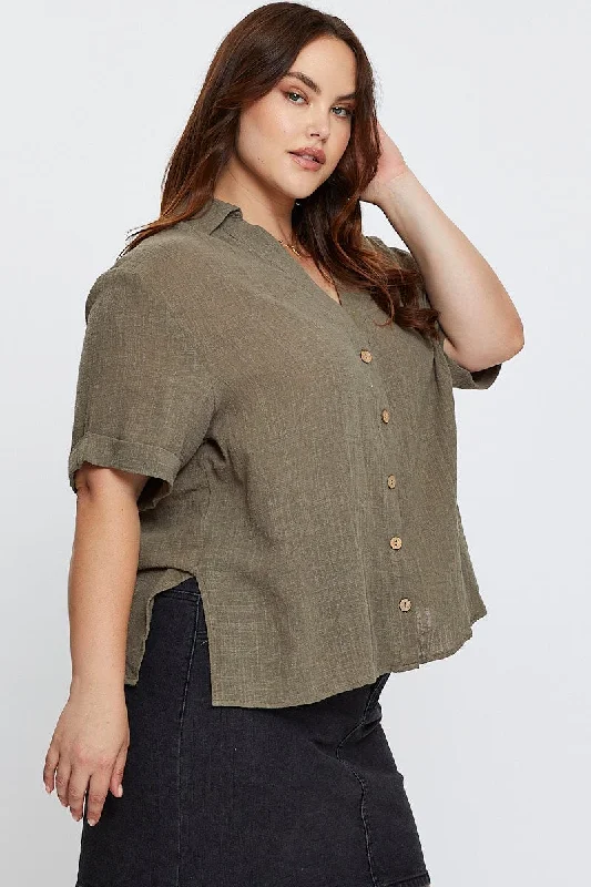 Green V-neck Shirt Short Sleeve Textured