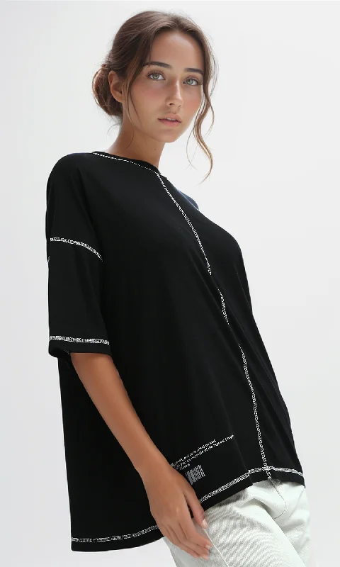 O181663 Stitched Elbow-Sleeves Black Summer Long Tee O181663 Stitched Elbow-Sleeves Black Summer Long Tee