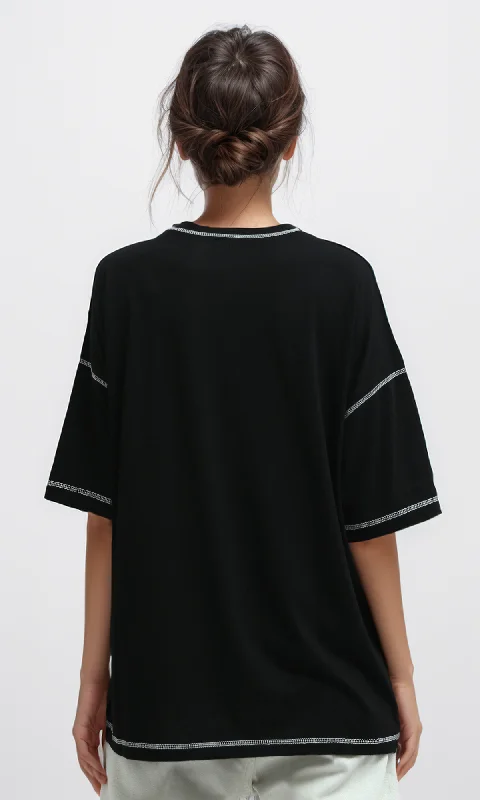 O181663 Stitched Elbow-Sleeves Black Summer Long Tee O181663 Stitched Elbow-Sleeves Black Summer Long Tee