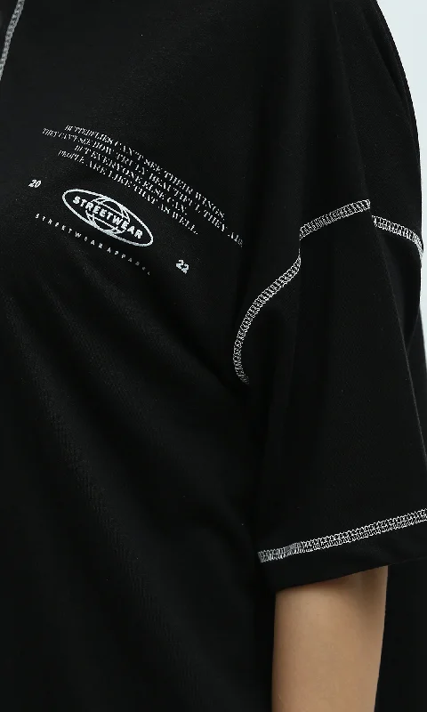 O181663 Stitched Elbow-Sleeves Black Summer Long Tee O181663 Stitched Elbow-Sleeves Black Summer Long Tee