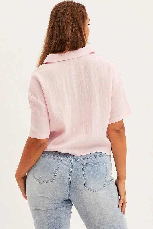 Pink Crop Shirt Short Sleeve Button Up