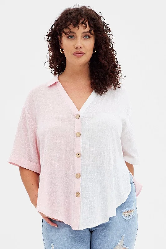 Pink Short Sleeve V-neck Loose Fit Color Block Shirt