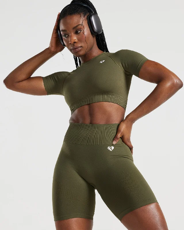 Power Seamless Short Sleeve Crop Top | Khaki