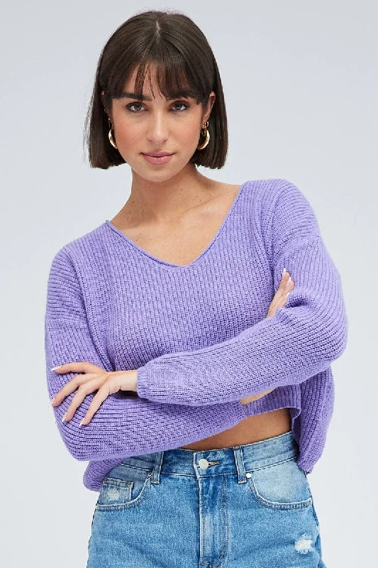 Purple Knit Jumper Long Sleeve V Neck