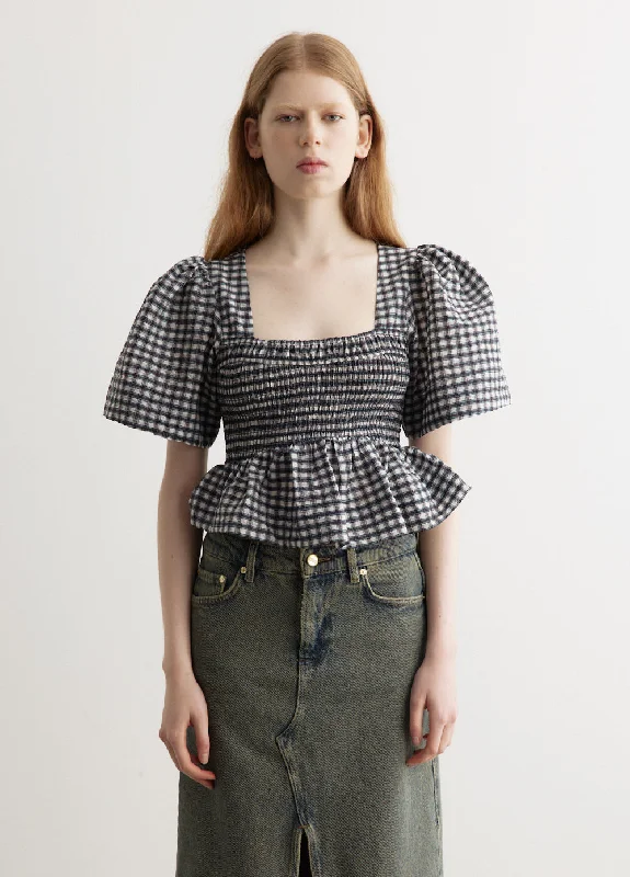 Seersucker Check Open-Neck Smock Blouse