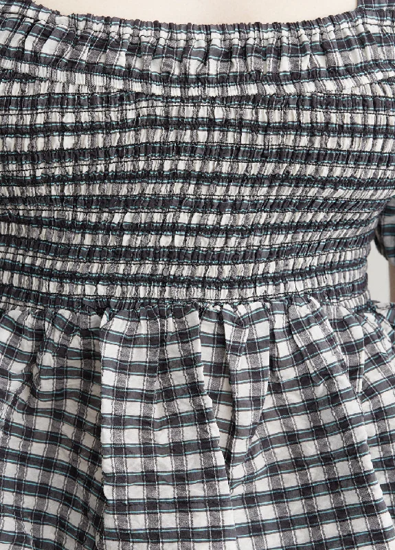 Seersucker Check Open-Neck Smock Blouse