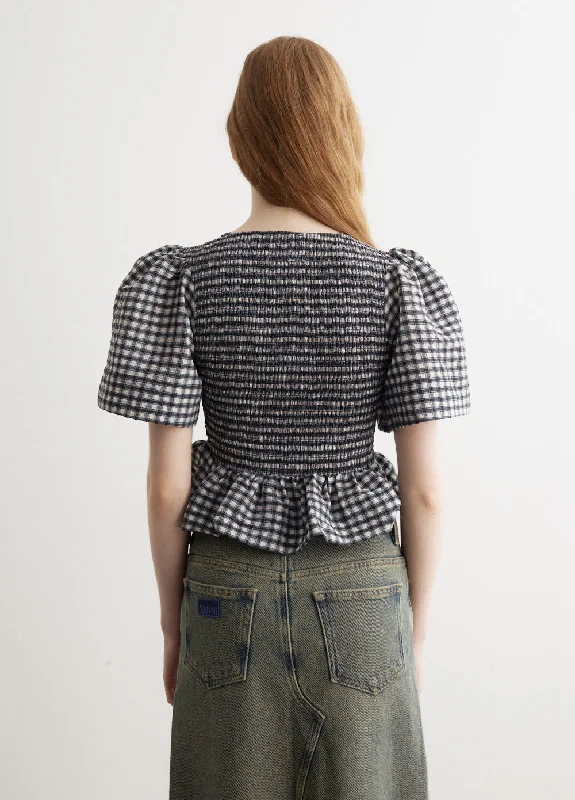 Seersucker Check Open-Neck Smock Blouse