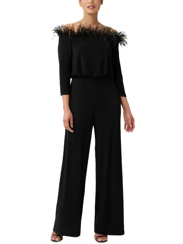 Womens Feather-Trim Off-The-Shoulder Jumpsuit