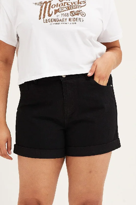 Black High Rise Relaxed Denim Shorts