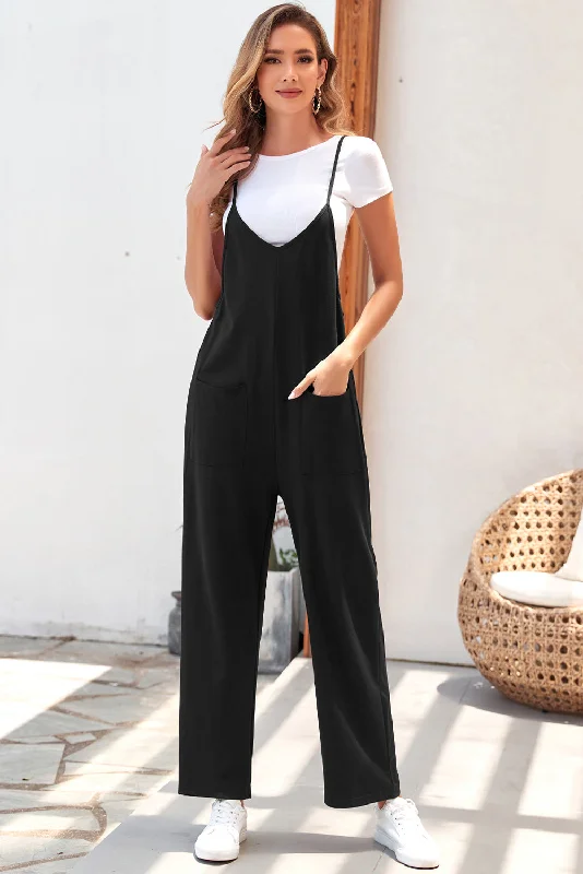 Pocketed Adjustable Spaghetti Strap Straight Leg Jumpsuit