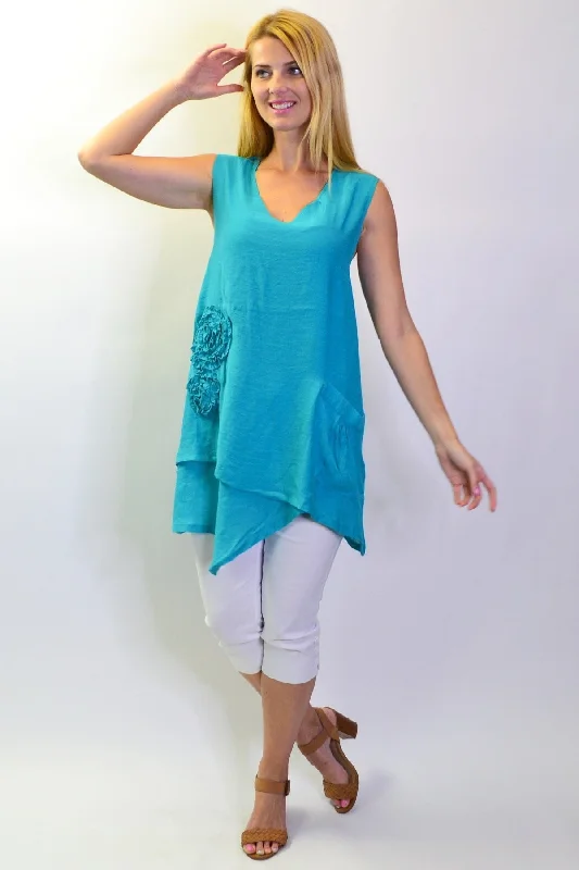 Blue Applique Sleeveless Tunic Top