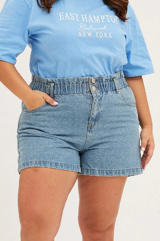 Blue High Rise Paperbag Denim Shorts