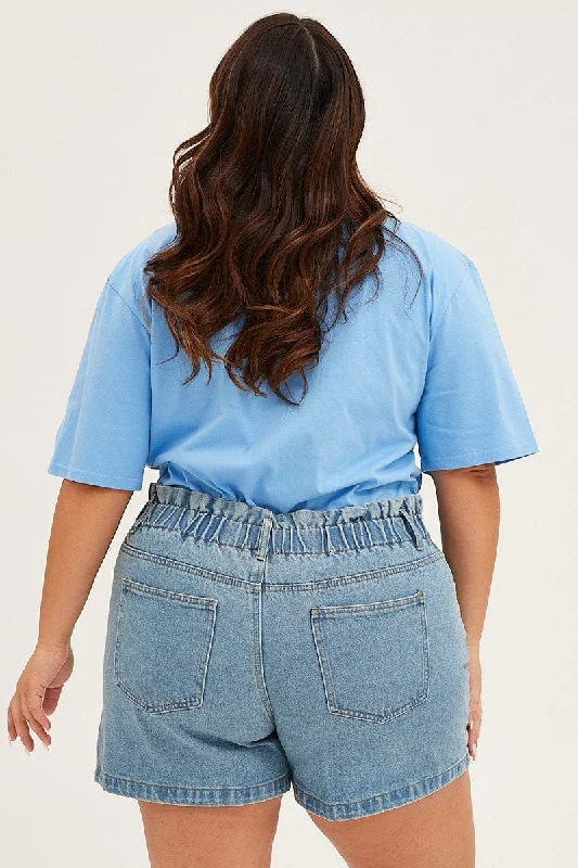 Blue High Rise Paperbag Denim Shorts