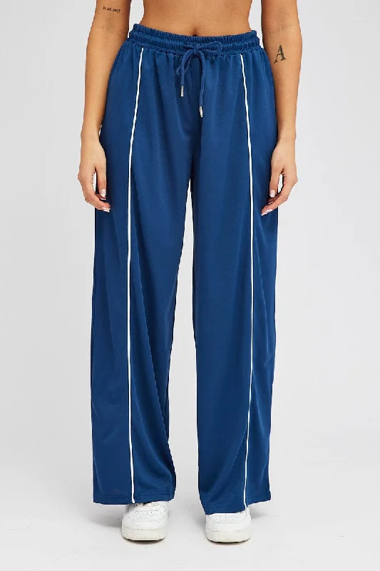 Blue Wide Leg Track Pants Mid Rise