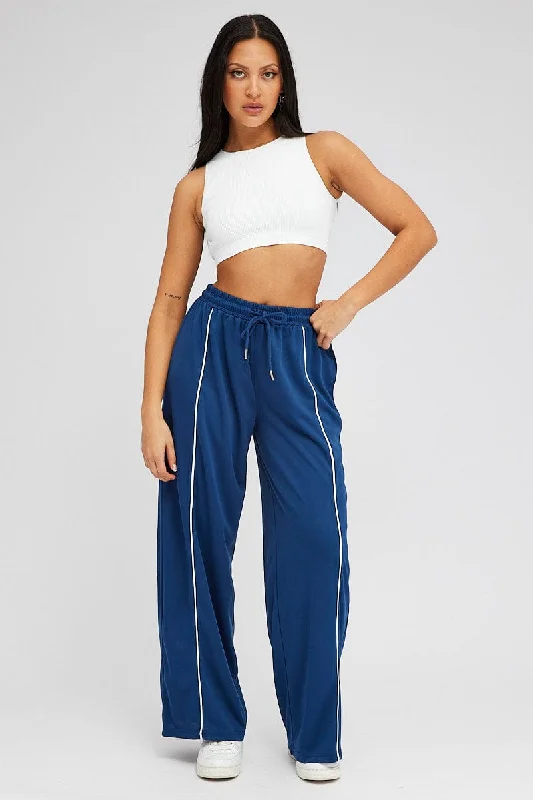 Blue Wide Leg Track Pants Mid Rise