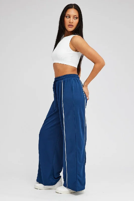 Blue Wide Leg Track Pants Mid Rise