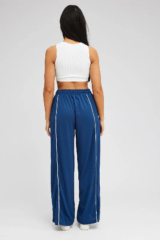 Blue Wide Leg Track Pants Mid Rise