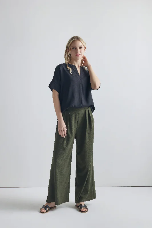 High Waisted Pleated Wide Leg Pants - Dk.Olive